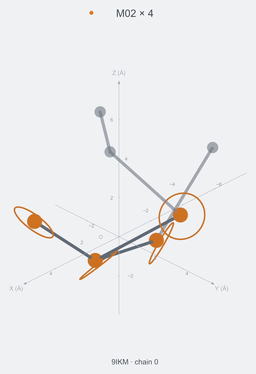 homo / branch04 / Rank 01 · M02 × 4，1 个完整糖链结构的叠加图，含 XYZ 坐标轴