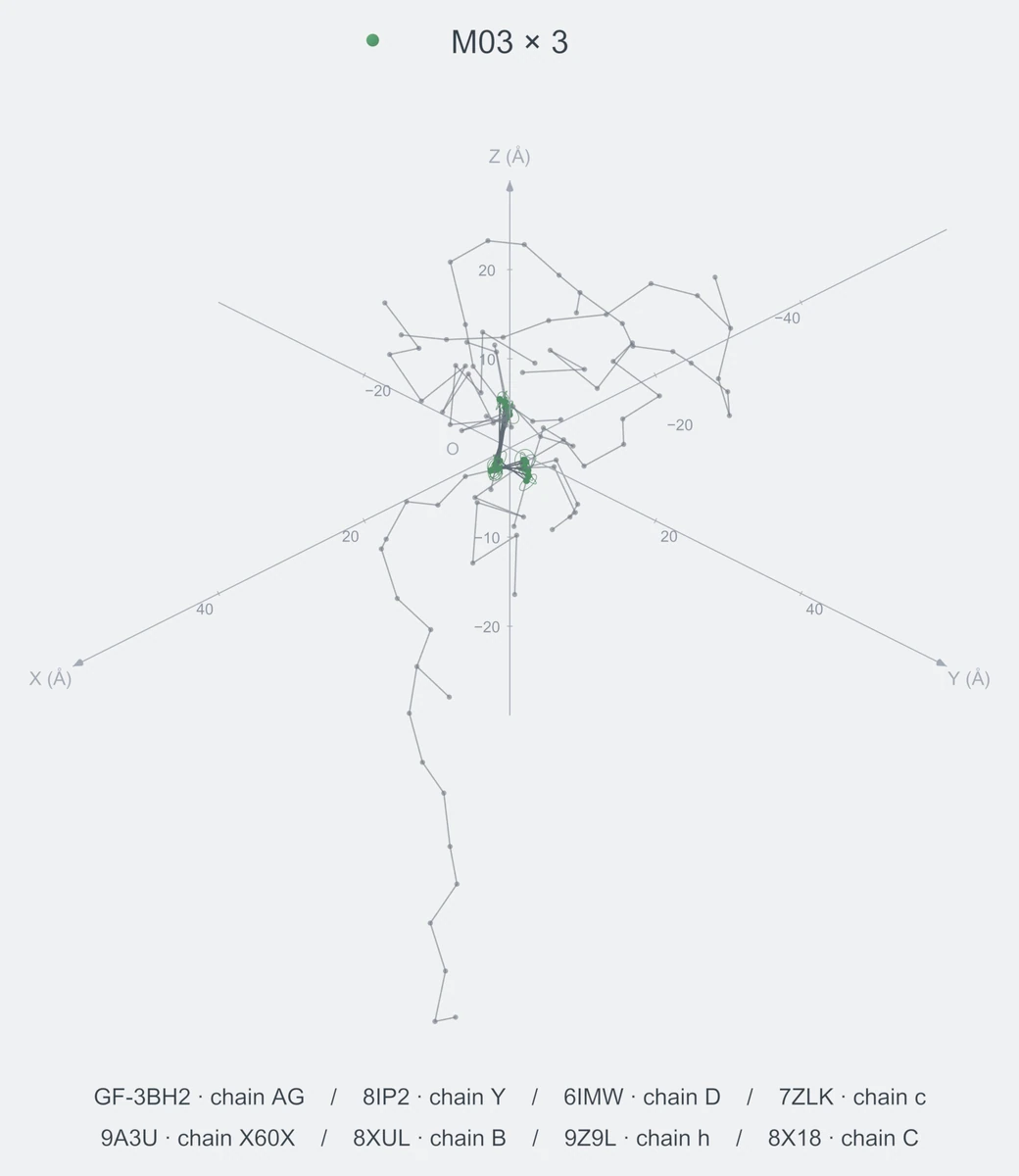 homo / path03 / Rank 06 · M03 × 3，8 个完整糖链结构的叠加图，含 XYZ 坐标轴