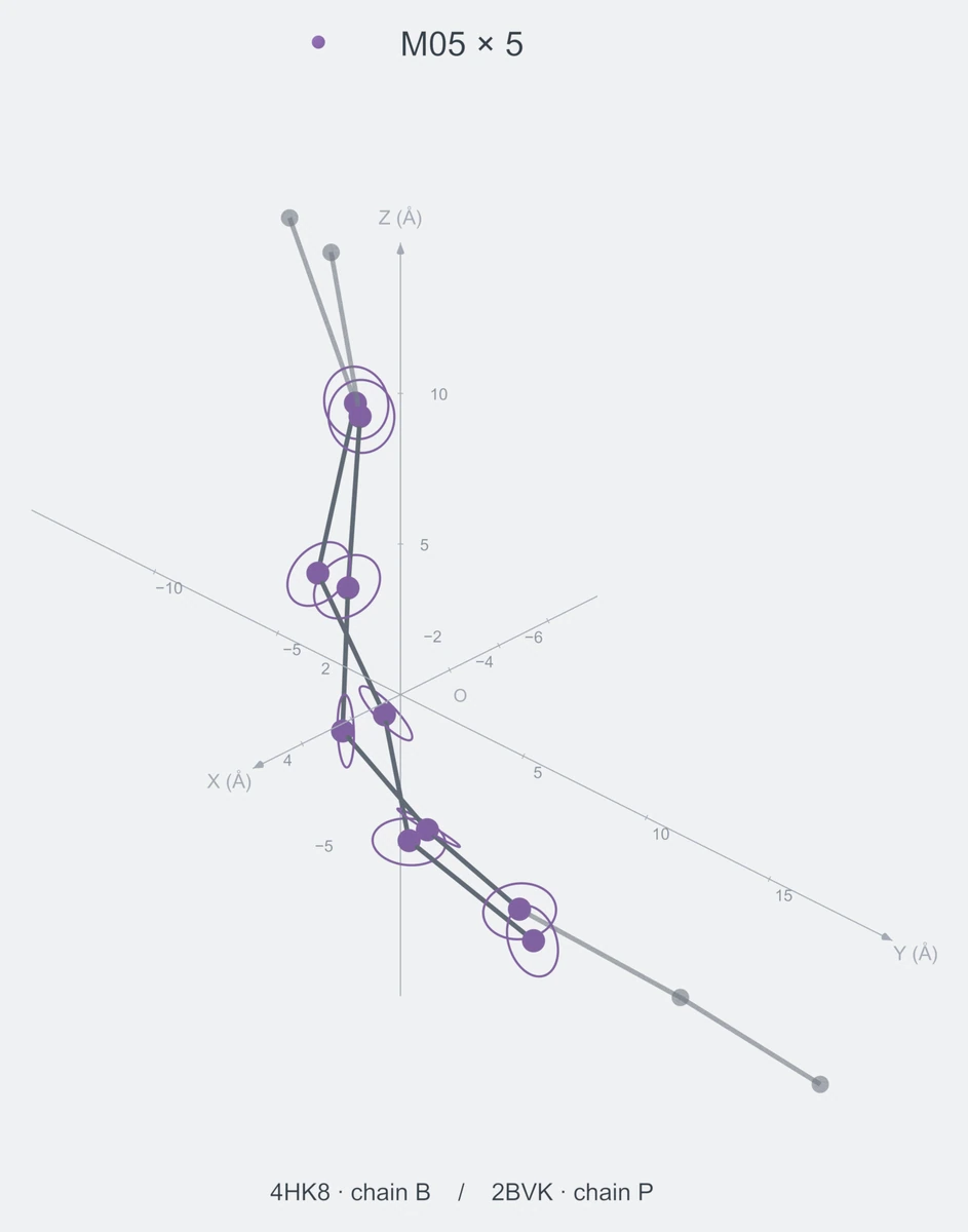 homo / path05 / Rank 06 · M05 × 5，2 个完整糖链结构的叠加图，含 XYZ 坐标轴