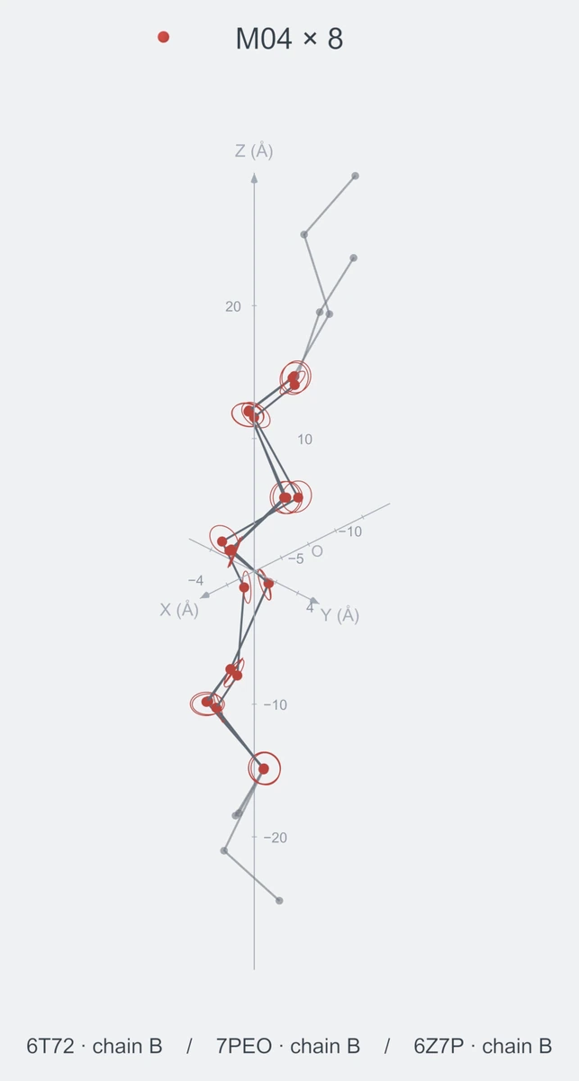 homo / path08 / Rank 02 · M04 × 8，3 个完整糖链结构的叠加图，含 XYZ 坐标轴