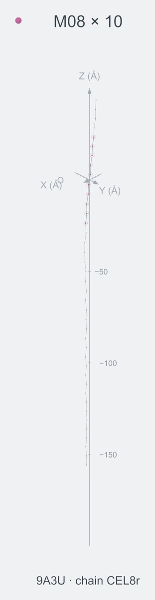 homo / path10 / Rank 01 · M08 × 10，1 个完整糖链结构的叠加图，含 XYZ 坐标轴