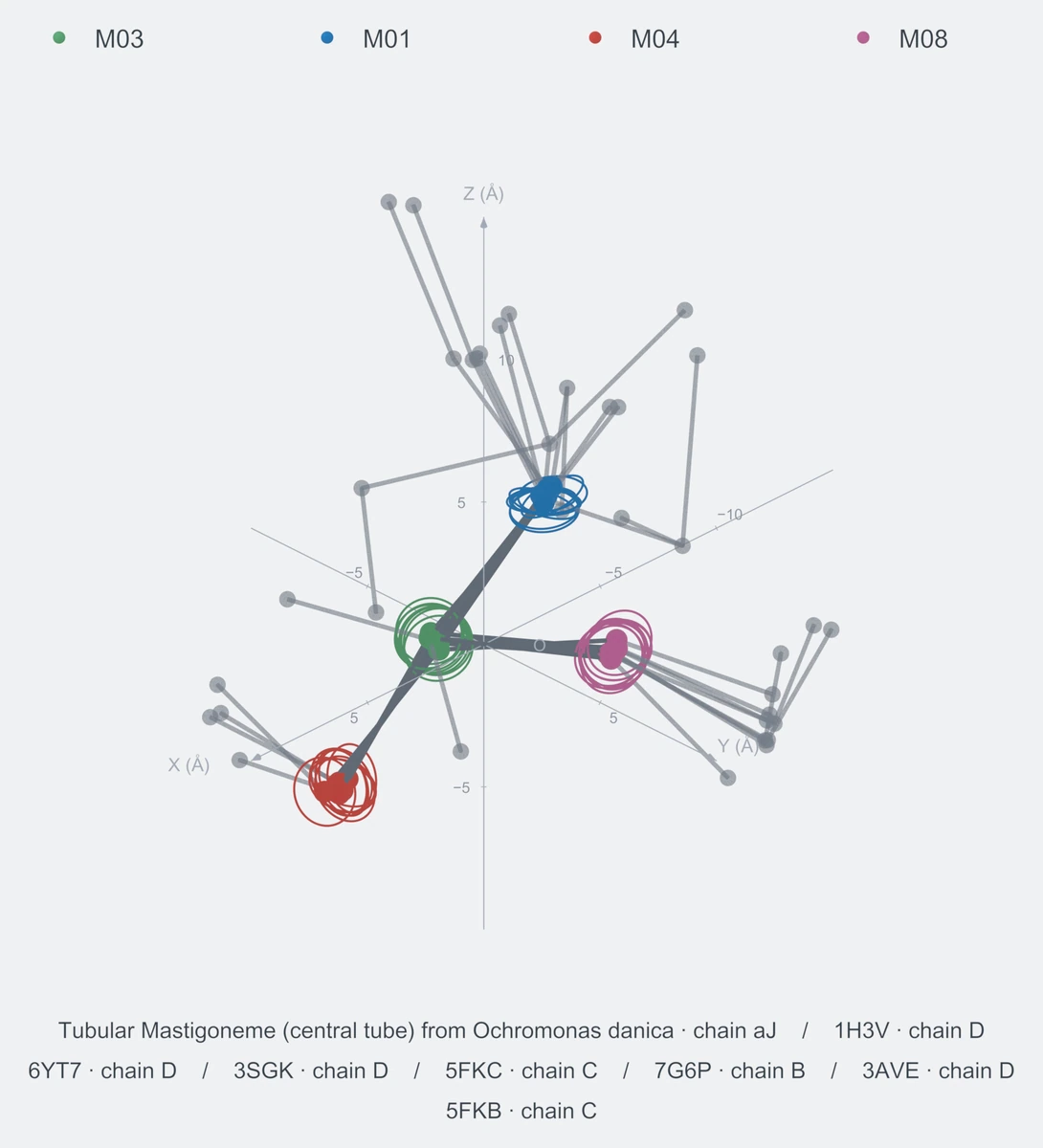 nonhomo / branch04 / Rank 01 · M03-M01-M04-M08，8 个完整糖链结构的叠加图，含 XYZ 坐标轴