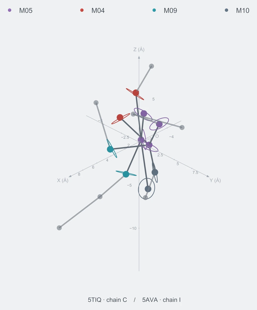 nonhomo / branch05 / Rank 09 · M05-M04-M05-M09-M10，2 个完整糖链结构的叠加图，含 XYZ 坐标轴