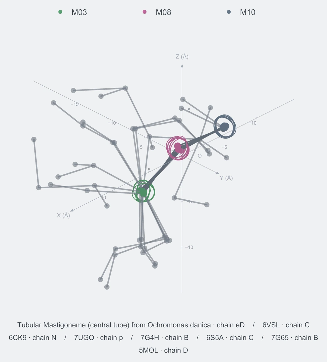 nonhomo / path03 / Rank 01 · M03-M08-M10，8 个完整糖链结构的叠加图，含 XYZ 坐标轴