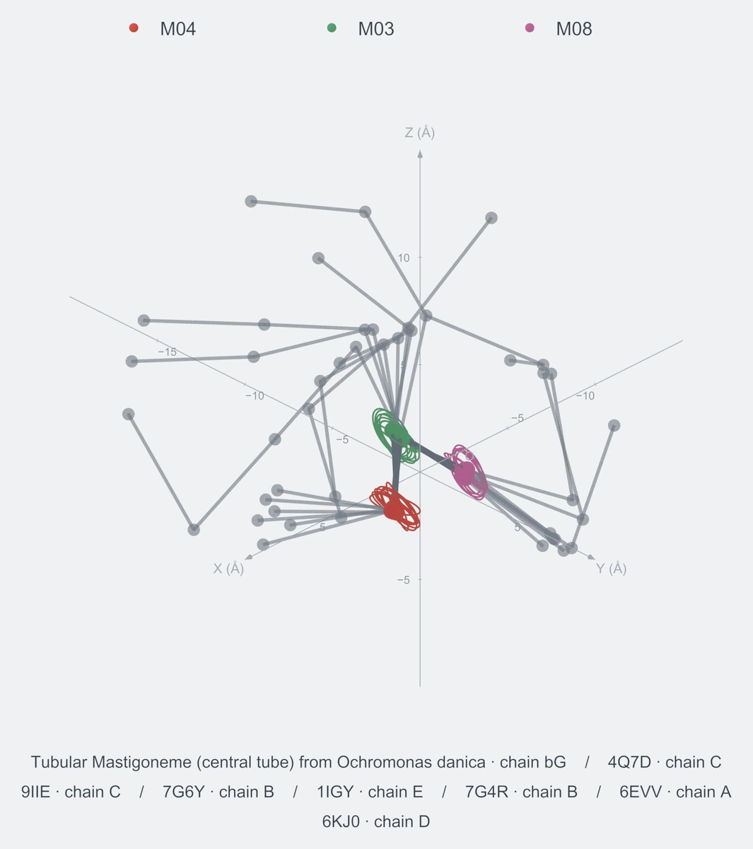 nonhomo / path03 / Rank 02 · M04-M03-M08，8 个完整糖链结构的叠加图，含 XYZ 坐标轴