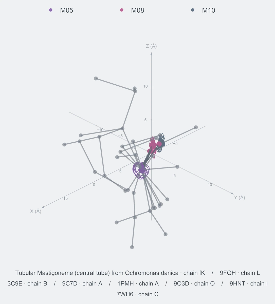 nonhomo / path03 / Rank 07 · M05-M08-M10，8 个完整糖链结构的叠加图，含 XYZ 坐标轴