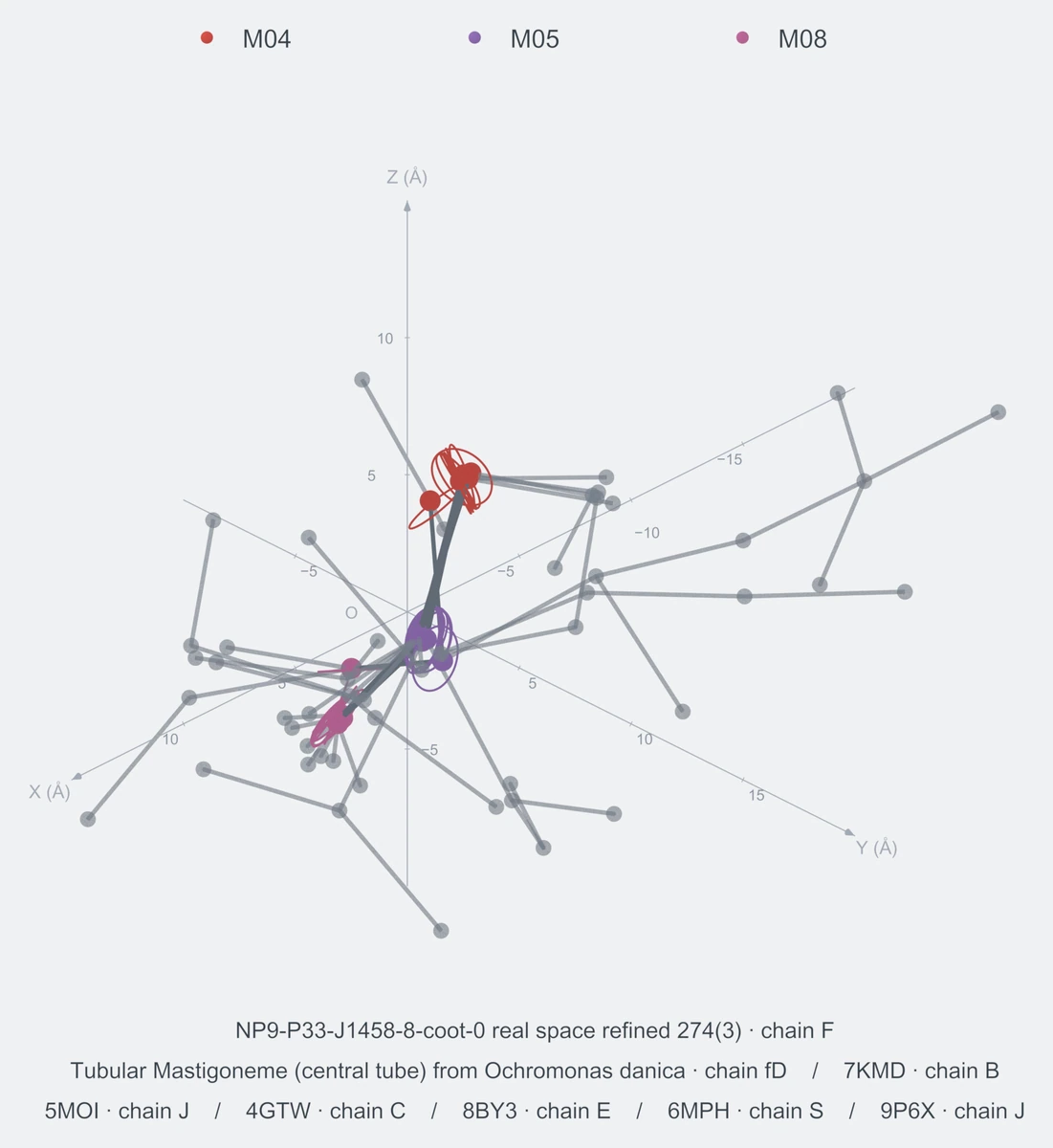 nonhomo / path03 / Rank 09 · M04-M05-M08，8 个完整糖链结构的叠加图，含 XYZ 坐标轴