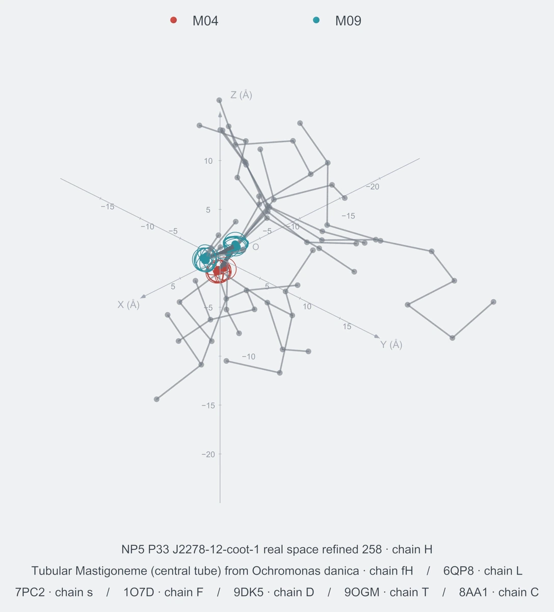 nonhomo / path03 / Rank 10 · M04-M09-M09，8 个完整糖链结构的叠加图，含 XYZ 坐标轴