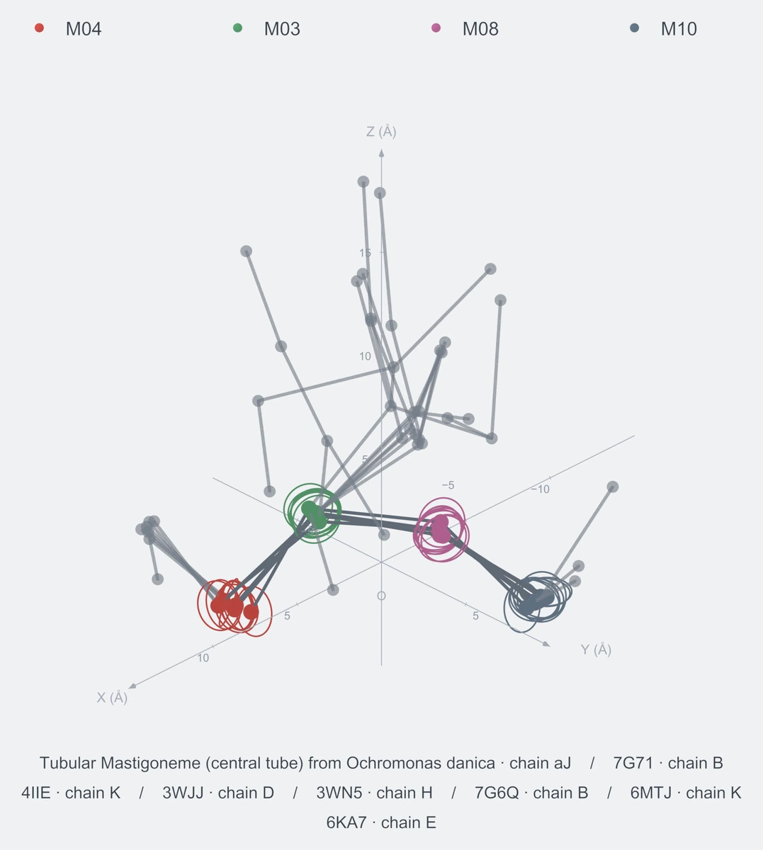 nonhomo / path04 / Rank 01 · M04-M03-M08-M10，8 个完整糖链结构的叠加图，含 XYZ 坐标轴
