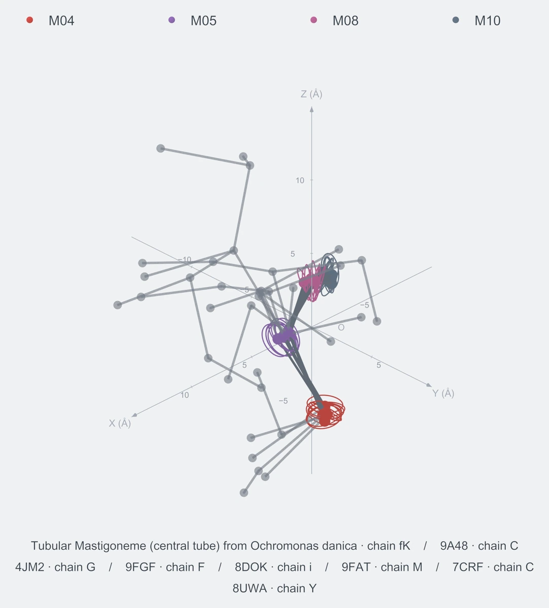 nonhomo / path04 / Rank 04 · M04-M05-M08-M10，8 个完整糖链结构的叠加图，含 XYZ 坐标轴