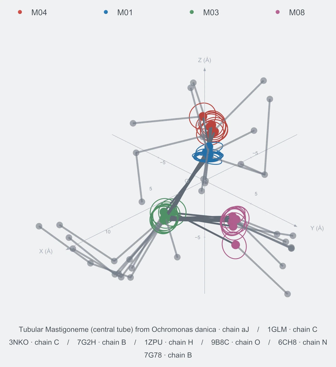 nonhomo / path04 / Rank 08 · M04-M01-M03-M08，8 个完整糖链结构的叠加图，含 XYZ 坐标轴