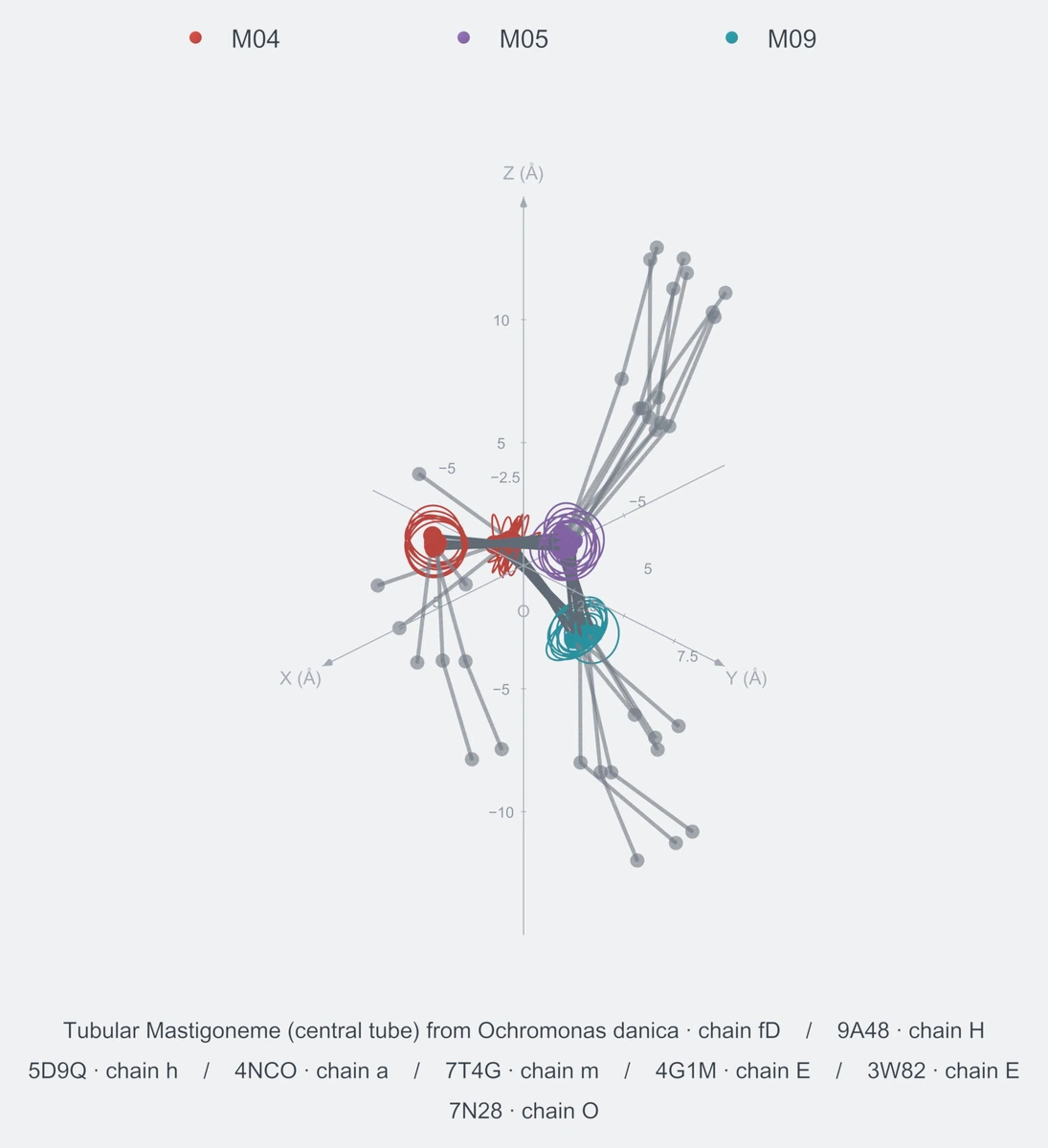 nonhomo / path04 / Rank 09 · M04-M05-M09-M04，8 个完整糖链结构的叠加图，含 XYZ 坐标轴