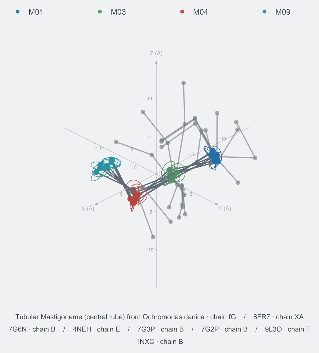 nonhomo / path04 / Rank 10 · M01-M03-M04-M09，8 个完整糖链结构的叠加图，含 XYZ 坐标轴