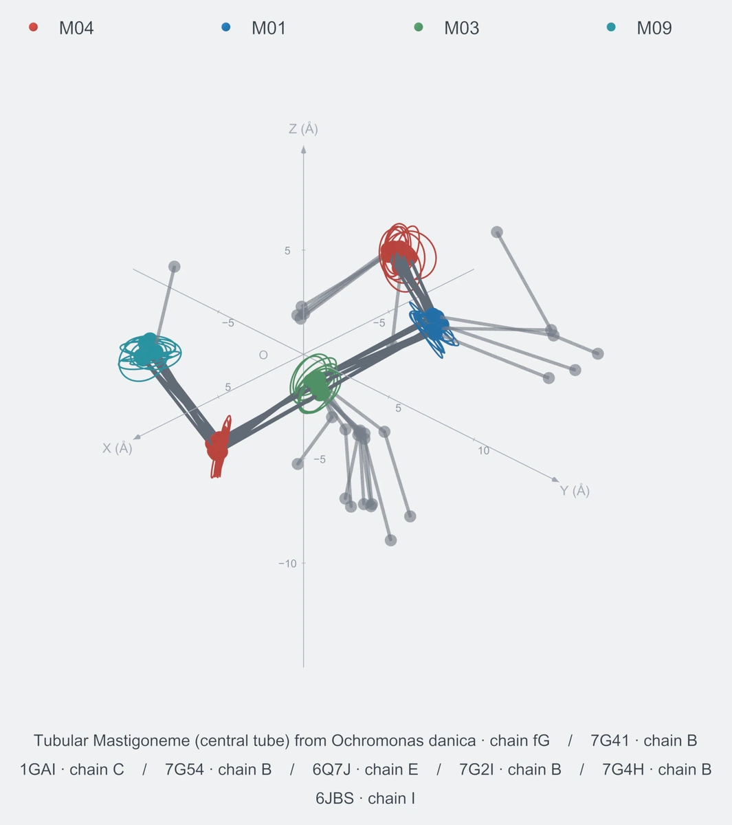 nonhomo / path05 / Rank 03 · M04-M01-M03-M04-M09，8 个完整糖链结构的叠加图，含 XYZ 坐标轴