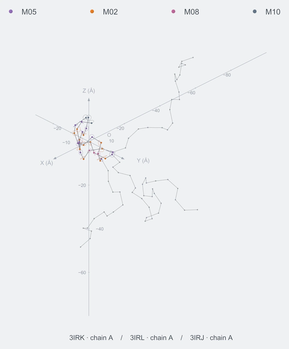 nonhomo / path10 / Rank 09 · M05-M02-M08-M02-M05-M02-M05-M02-M05-M10，3 个完整糖链结构的叠加图，含 XYZ 坐标轴